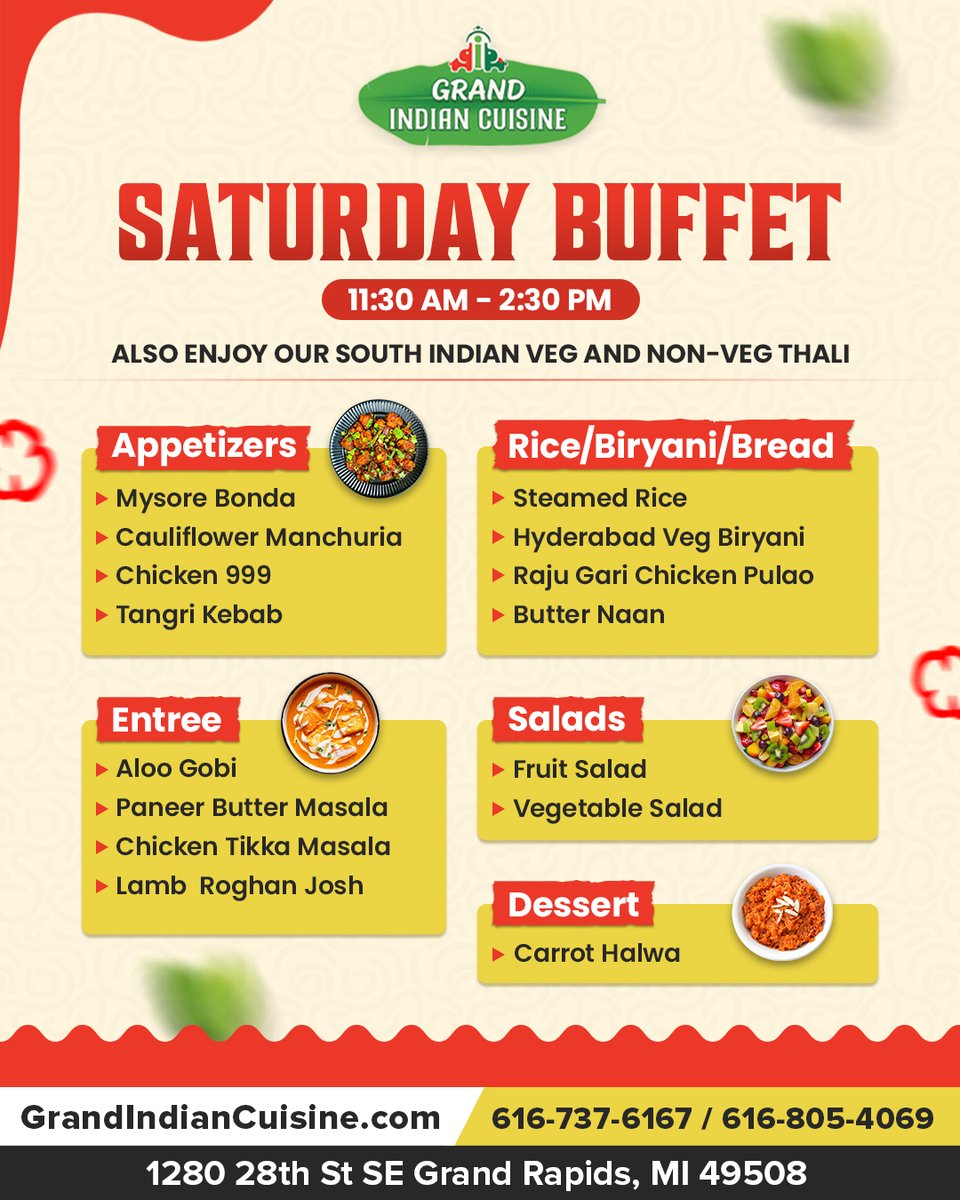 Grandindia_MI's tweet image. Saturday plans = sorted 😏🍛
Biryani, kebabs, curries &amp;amp; carrot halwa—all in one buffet.
11:30–2:30. Don’t miss it.

📍 1280 28th St SE, Grand Rapids, MI
📞 616-734-6197 | 616-805-4069
Order Online👉: grandindiancuisine.com

#SaturdayBuffet #IndianFood #GrandRapids