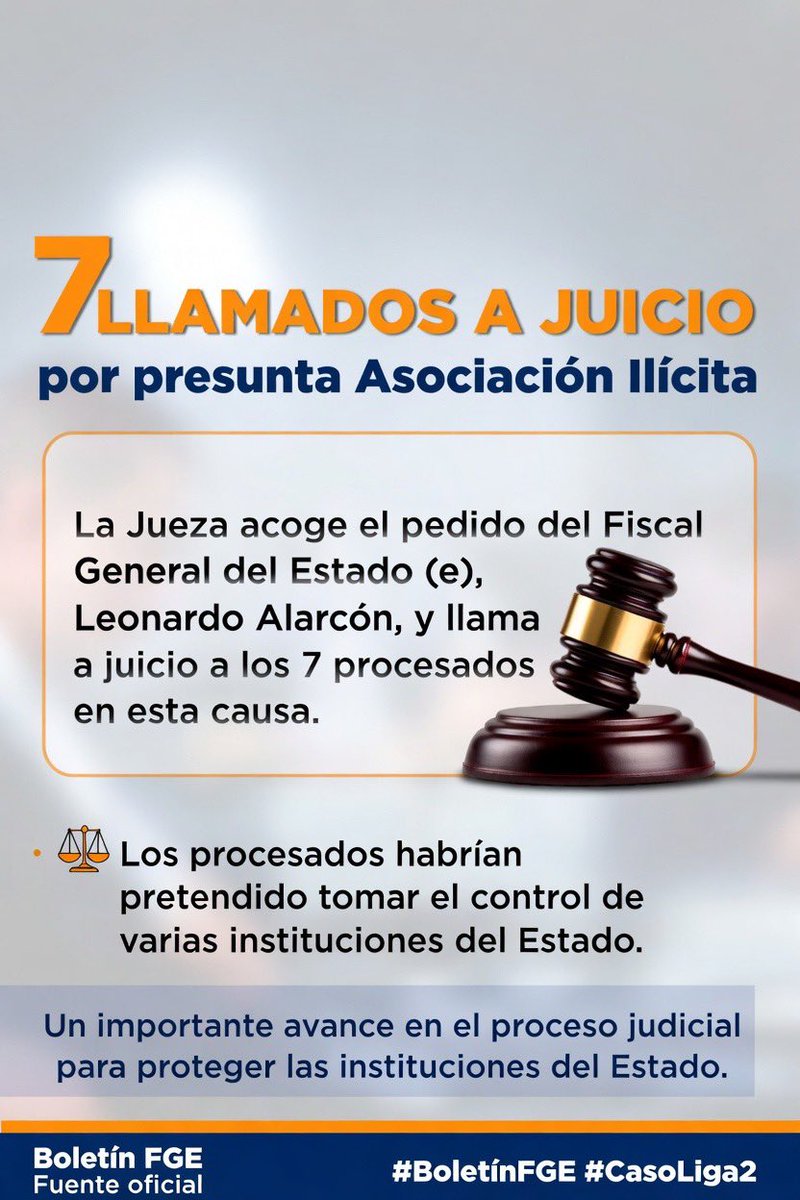 La jueza Daniella Camacho, dictó auto de llamamiento a juicio contra los 7 procesados en el Caso Ligados por presunta asociación ilícita. Los involucrados son: Augusto Verduga, Yadira Saltos, Eduardo Franco Loor, Nicole Bonifaz, Andrés Arauz, Esther Cuesta y Raúl González