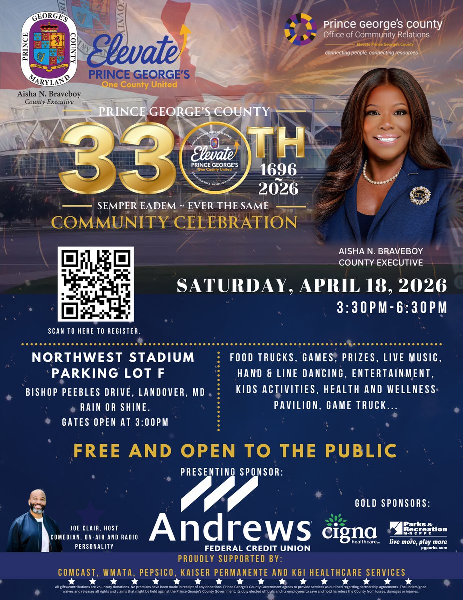 pgcountyexec's tweet image. Today’s the day, Prince George’s County! 🎉
We’re celebrating 330 years of history, culture, and community pride — and everyone is invited.
📍 Northwest Stadium Parking Lot F — Bishop Pebbles Dr., Landover
🔸Rain or shine
🔸Free and open to all residents
#ElevatePrinceGeorges