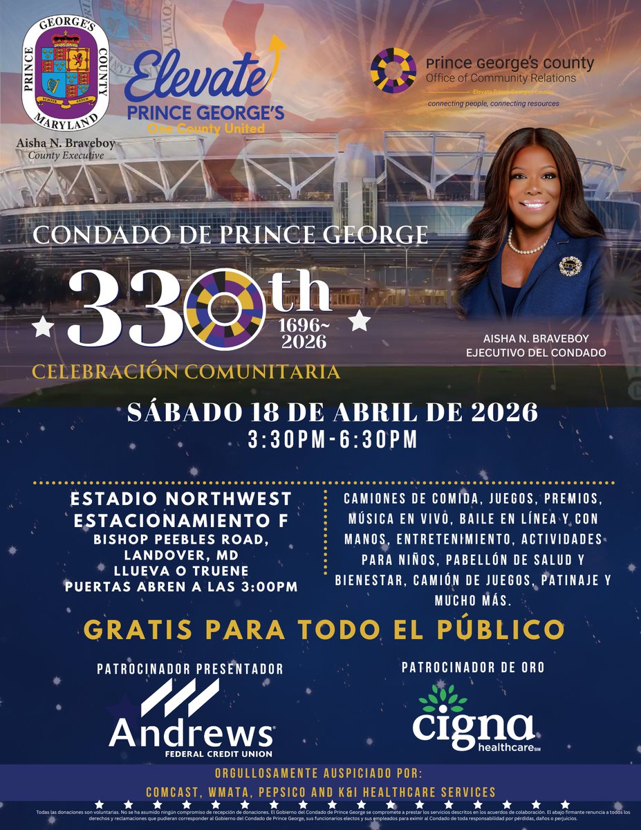 pgcountyexec's tweet image. Today’s the day, Prince George’s County! 🎉
We’re celebrating 330 years of history, culture, and community pride — and everyone is invited.
📍 Northwest Stadium Parking Lot F — Bishop Pebbles Dr., Landover
🔸Rain or shine
🔸Free and open to all residents
#ElevatePrinceGeorges