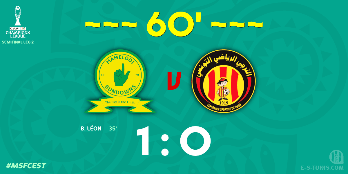 ESTuniscom's tweet photo. ⏱ 60' | #TotalEnergiesCAFCL Semifinal #MSFCEST | 🇿🇦@Masandawana 1⃣-0⃣ @ESTuniscom🇹🇳 : Score reminder / تذكير بالنتيجة / Rappel du score https://t.co/DCzLOYECgW