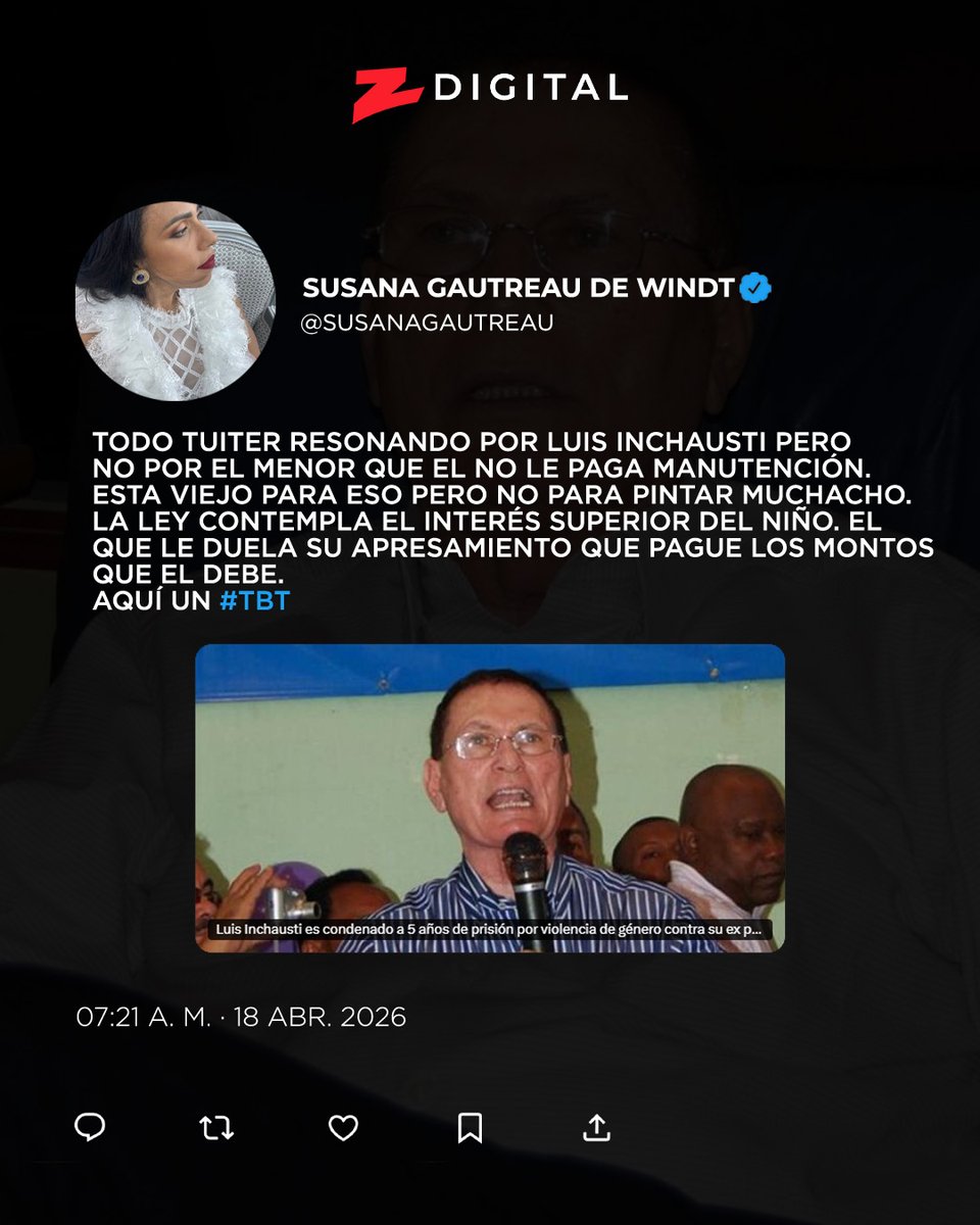 z101digital's tweet image. 👩🏽‍💻 @SusanaGautreau en X:

"...El que le duela su apresamiento que pague los montos que el debe…”

#Z101 #ZDigital #Twitter #Tweet #SusanaGautreau #Justicia #LuisInchausti