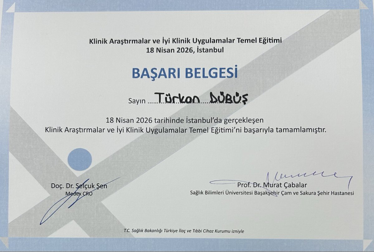 DubusT's tweet image. Klinik Araştırmalar ve İyi Klinik Uygulamalar Temel Eğitimi’ni başarıyla tamamladım. Değerli katkılar için teşekkür ederim.

Successfully completed the Basic Training in Clinical Research and Good Clinical Practice. Thank you for this valuable program.

#ClinicalResearch #GCP