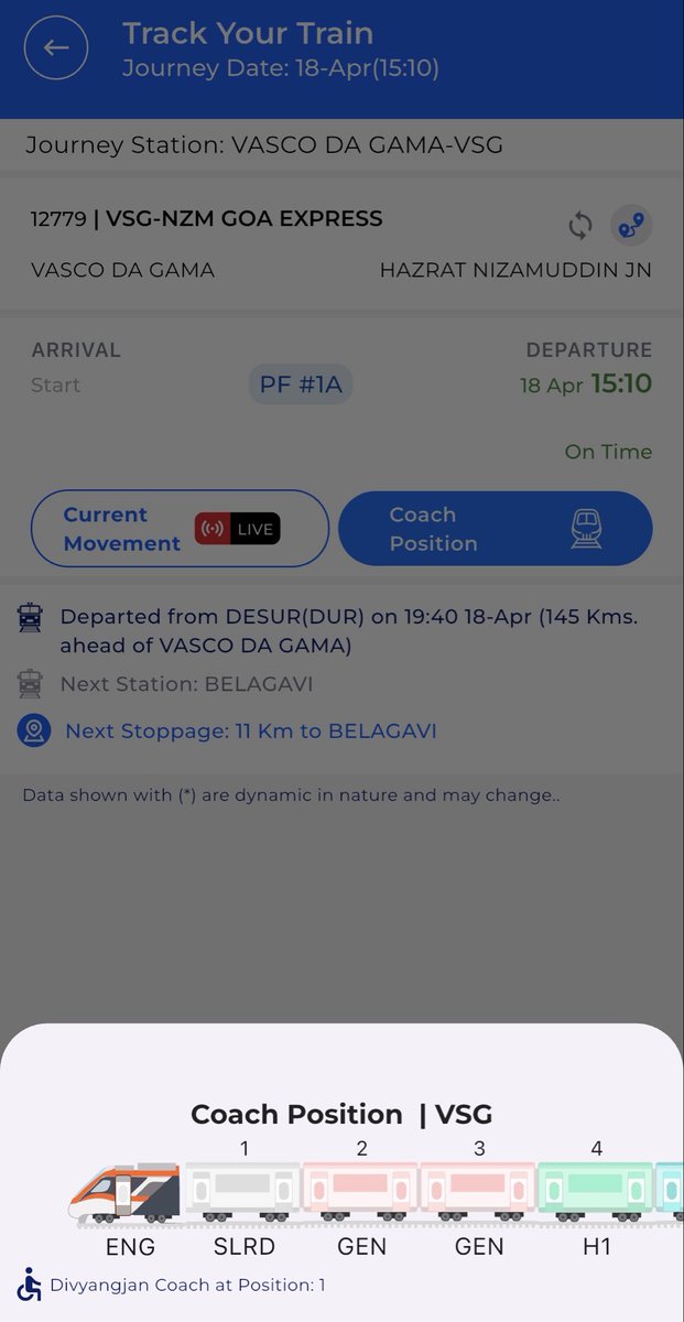 Hello <a href="/RailwaySeva/">RailwaySeva</a>,

The coach position is inverted on RailOne app for train 12779.

e.g. Coach 4 (H1) is actually coach 17 (GEN) and Coach 9 (PC) is actually coach 12 (S3)

Kindly fix