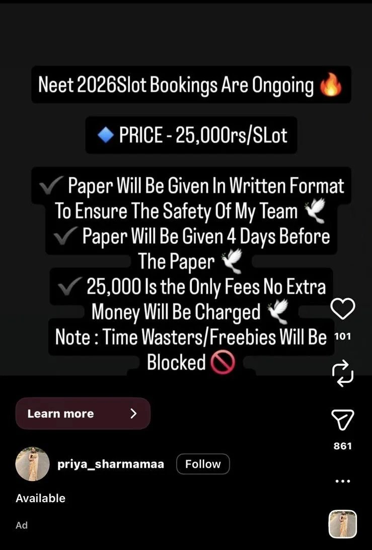 RishitSrivast15's tweet image. Definitely a scam, no way anyone gives NEET paper for 25,000 rupees #NEET2026 #NTA