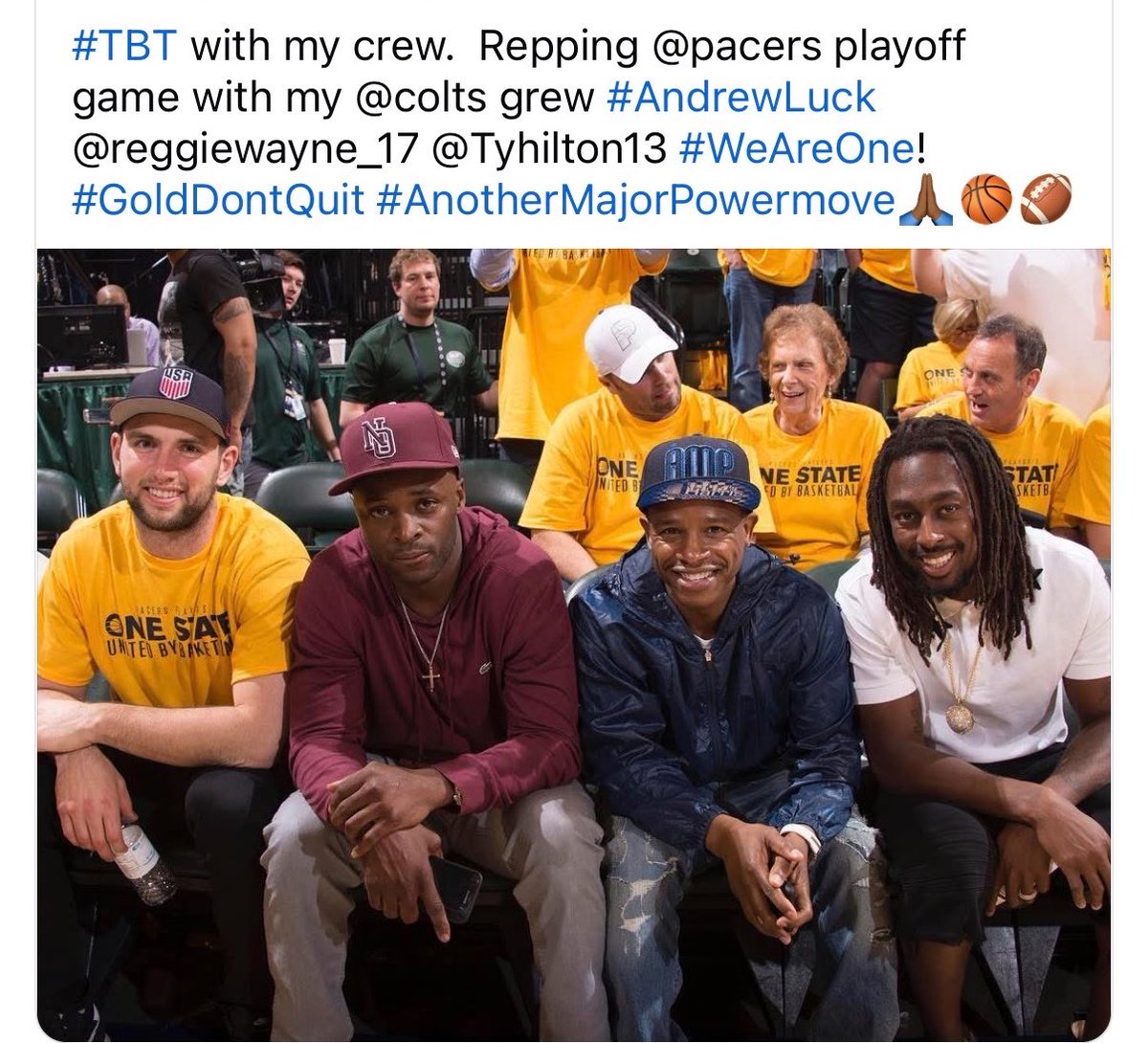 ampharris's tweet photo. #NBAPlayoffs: I am a honorary member of colts/pacers😂😂. Back on April 20,2017 @Pacers #NBA playoff game with my guys @Colts legends @ReggieWayne_17 #AndrewLuck and @TYHilton13 #AnotherMajorPowermove #Indiana #WeAreOne 💙🤍💛💙 https://t.co/DJZpFIJaFK