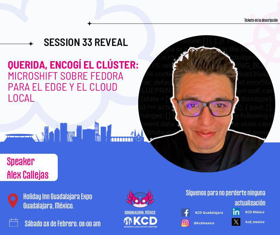 dark_axl's tweet photo. ¡Es hoy! ¡Es hoy! 🐭🔥
Los espero a la 1:00 PM en la Plaza 3 del #KCDGDL para el estreno del Tour de la Soberanía: "Querida, encogí el clúster". 🤏☸️
¡Vengan por sus stickers al stand de @fedoramexico! 🐧🎸
#SoberaniaTecnica #MicroShift #Fedora #Kubernetes https://t.co/B0jeCPJcZo