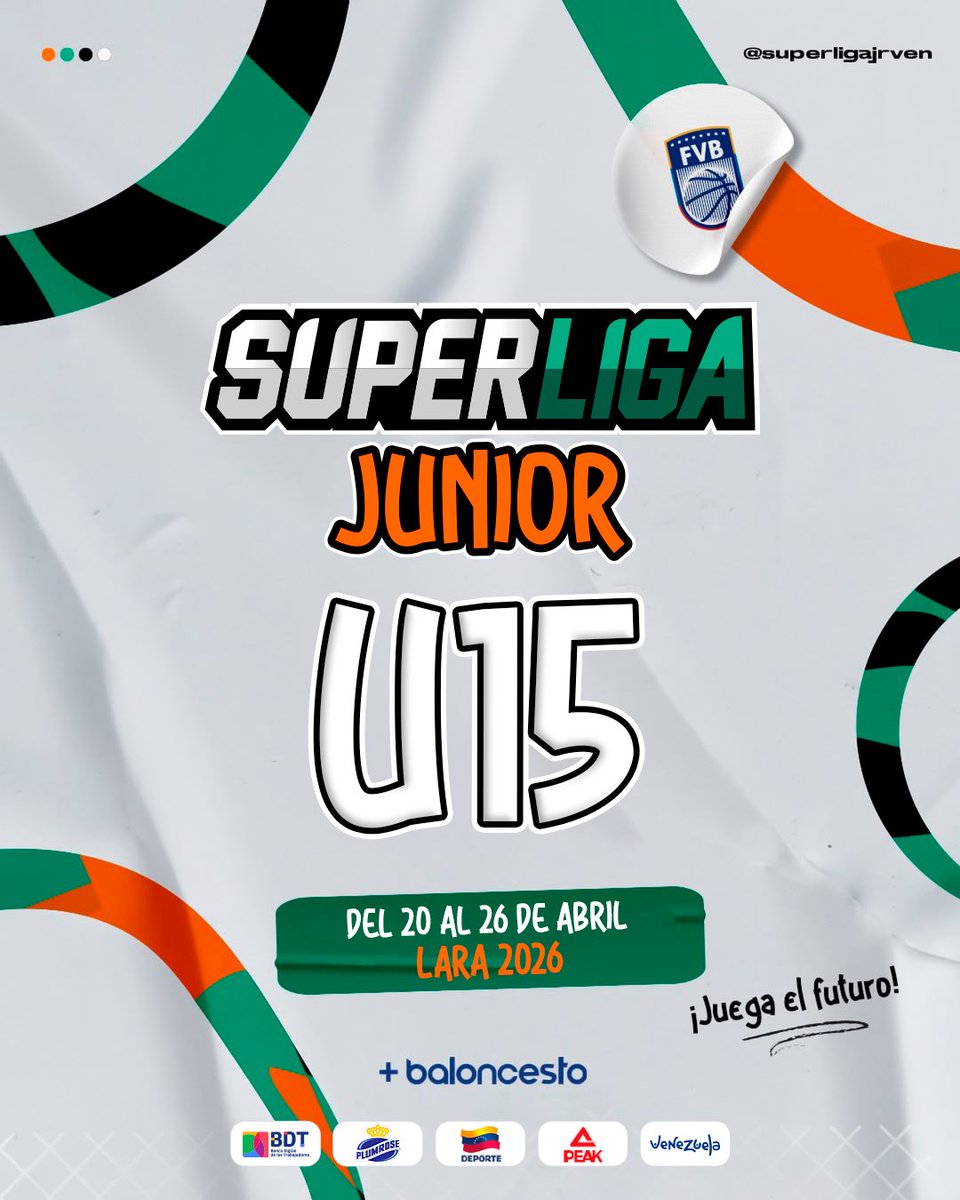 superligajrven's tweet photo. 🇻🇪 Campeonato Nacional U15 Lara 2026. Masculino y femenino. 

📆 Del 20 al 26 de abril. 

#JuegaElFuturo https://t.co/vCR5h4uE8C