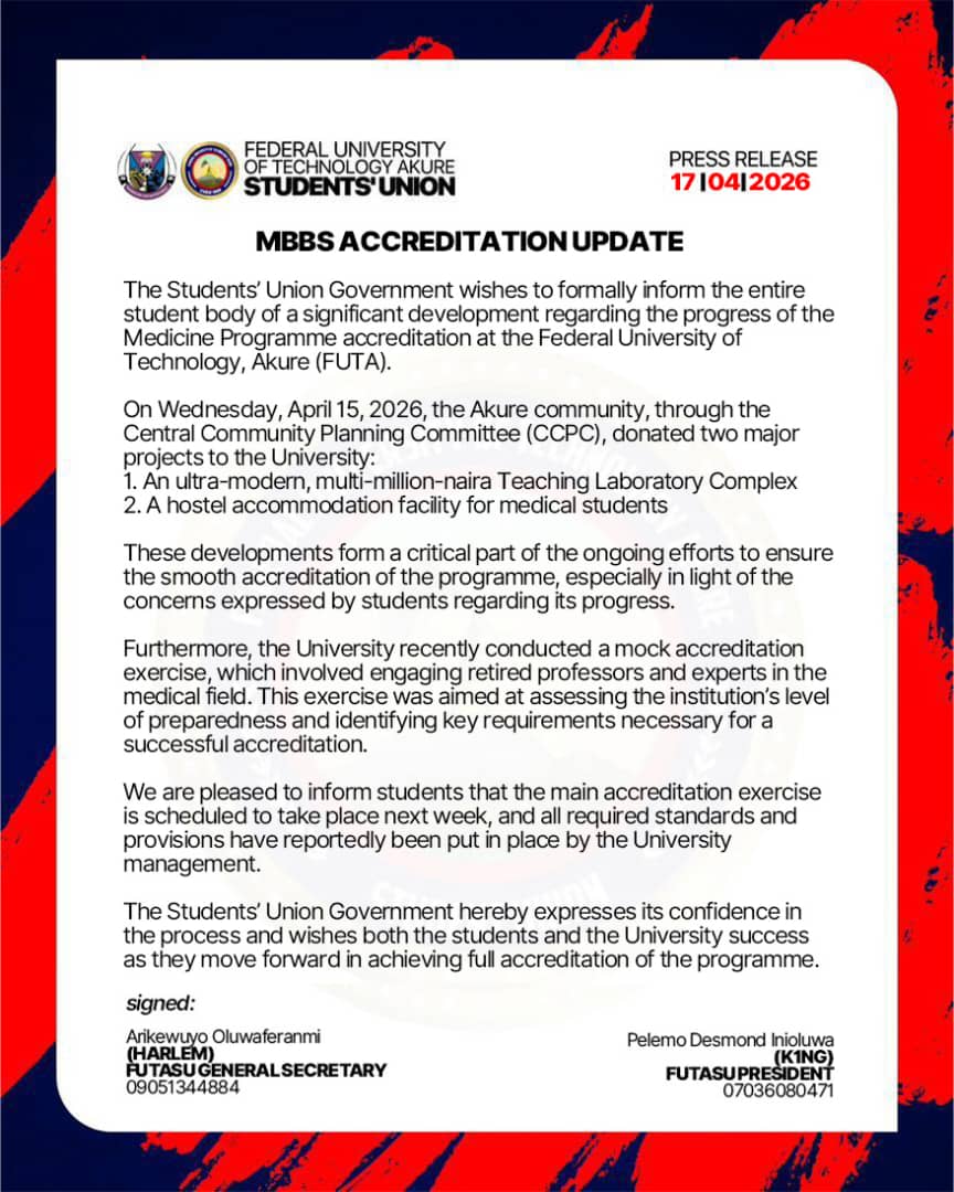 _savefutambbs's tweet photo. Update on FUTA MBBS Accreditation. https://t.co/N0YX5gGSbS