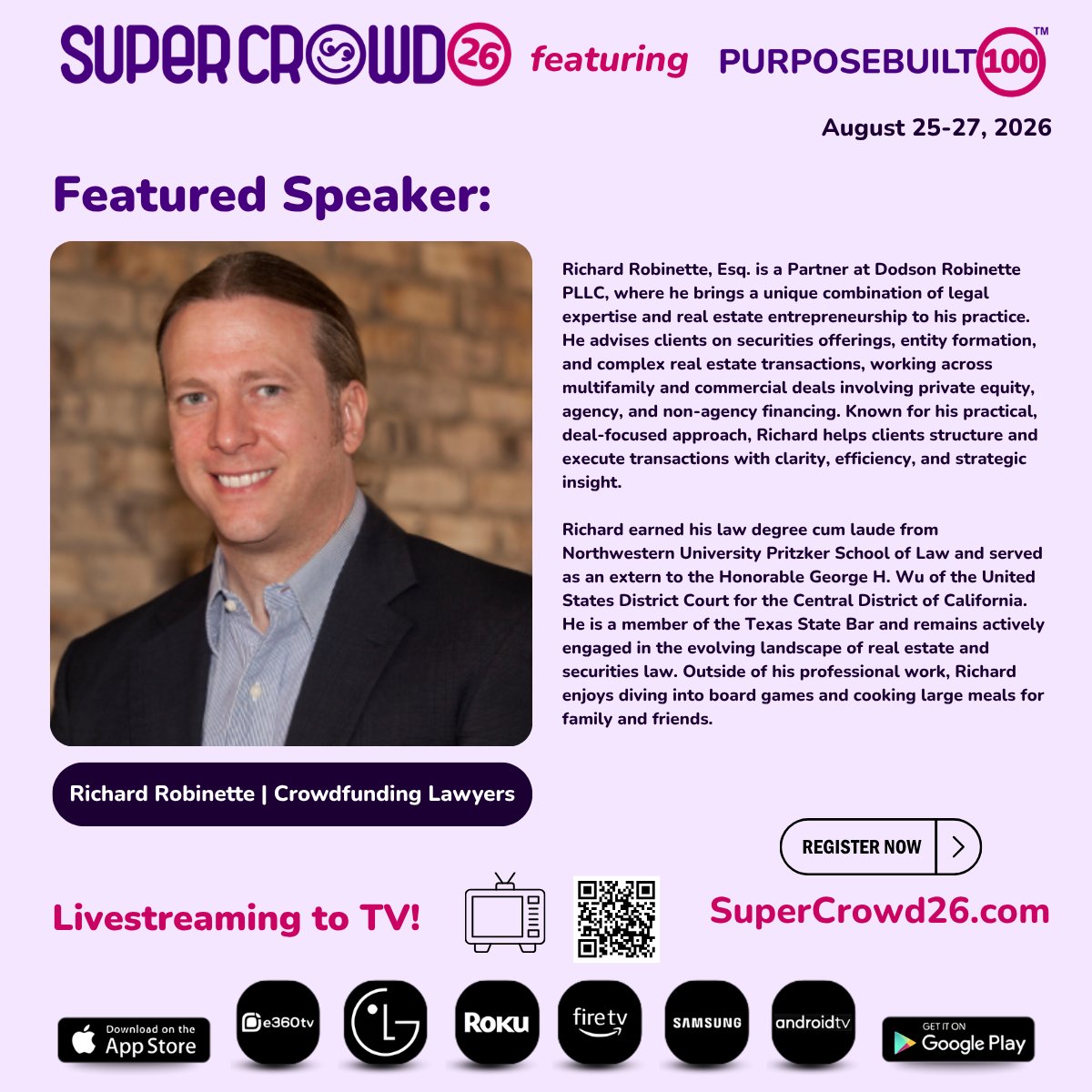 superpowrs4good's tweet image. Where capital markets meet real assets, strong legal guidance matters.

We’re excited to welcome Richard Robinette, Partner at Dodson Robinette PLLC, as a Featured Speaker at SuperCrowd26.

Register here: supercrowd26.com

#Crowdfunding #RealEstateInvesting #SecuritiesLaw