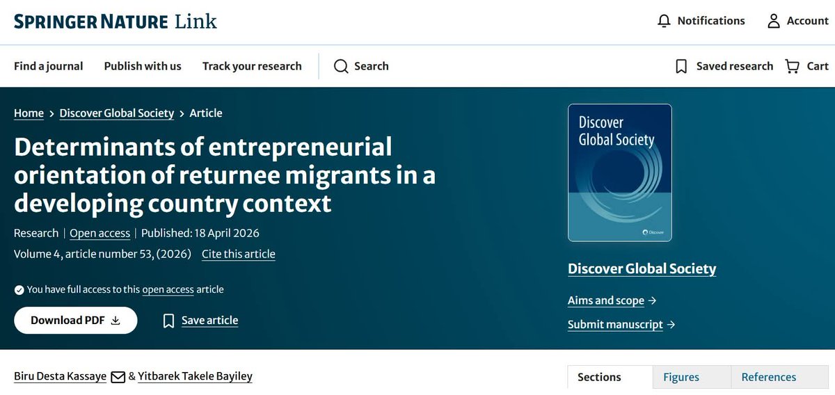 biru_desta's tweet photo. Publication Alert!
Excited to share our newly published article | Discover Global Society | Springer Nature. You can access the links: https://t.co/B5P5GtBo8I.
#Returneemigrants, #EntrepreneurialOrientation, #PLSSEM, #Developingeconomies, #Ethiopia, #KSA https://t.co/3txChSNtd3