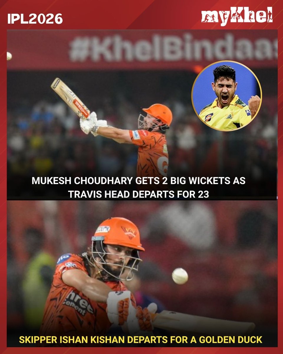 mykhelcom's tweet image. Mukesh Choudhary strikes twice in quick succession

#MukeshChoudhary #TravisHead #IshanKishan #Cricket #IPL2026 #Wickets #GoldenDuck #MyKhel