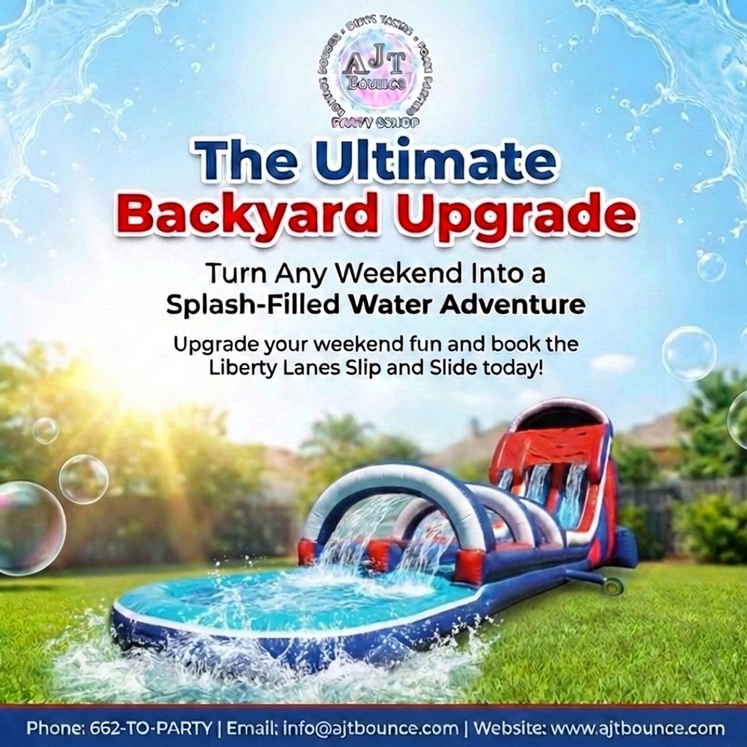 AJTSuppliesinc's tweet image. Upgrade your weekend fun with a splash-filled water adventure on the Liberty Lanes Water Slide. Book today with AJT Bounce. #AJTBounce #waterslide #backyardfun #party rentals #massachusetts #rhodeisland
