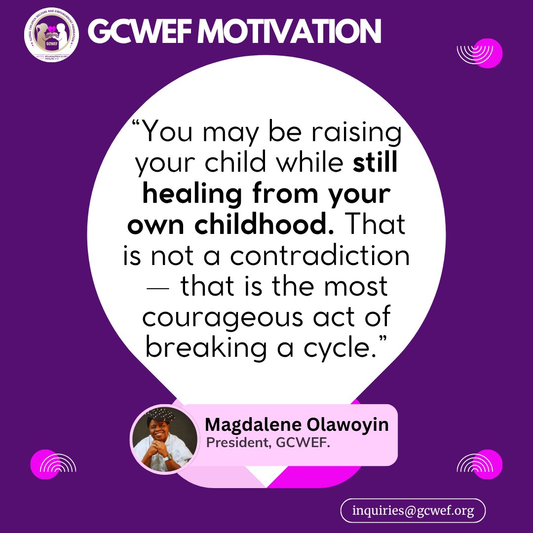 children_g91713's tweet image. Healing while raising a child is one of the bravest things a parent can do.
Every step you take to break the cycle builds a better future for your child. 💜
Join us as we empower parents to raise stronger generations.

#BreakTheCycle #HealingParents #ParentingJourney #GCWEF