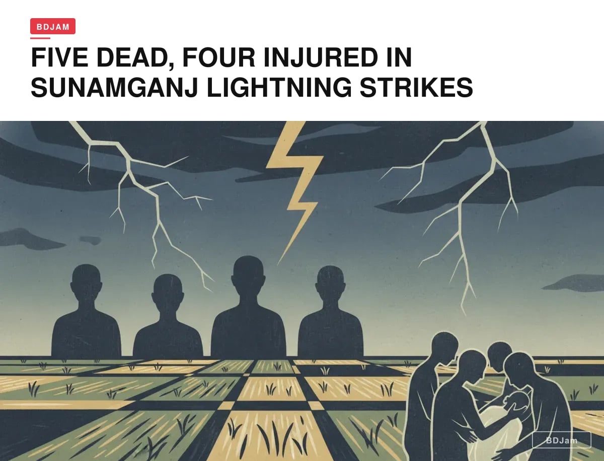 bdjamnews's tweet image. Five dead, four injured in Sunamganj lightning strikes. Victims were mostly harvesting Boro paddy. #Sunamganj #Lightning

bdjam.com/news/sylhet/fi…