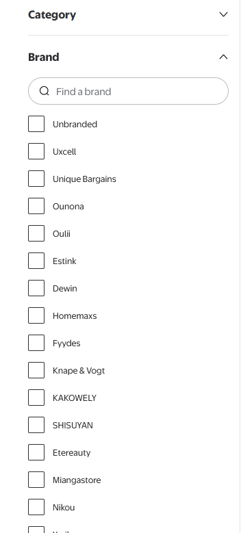 scunliffe's tweet image. @WalmartCanada when searching/filtering for products, please sort the brand options alphabetically... there's like 100 brands in this list, and this randomness is not helpful #UX #Usability