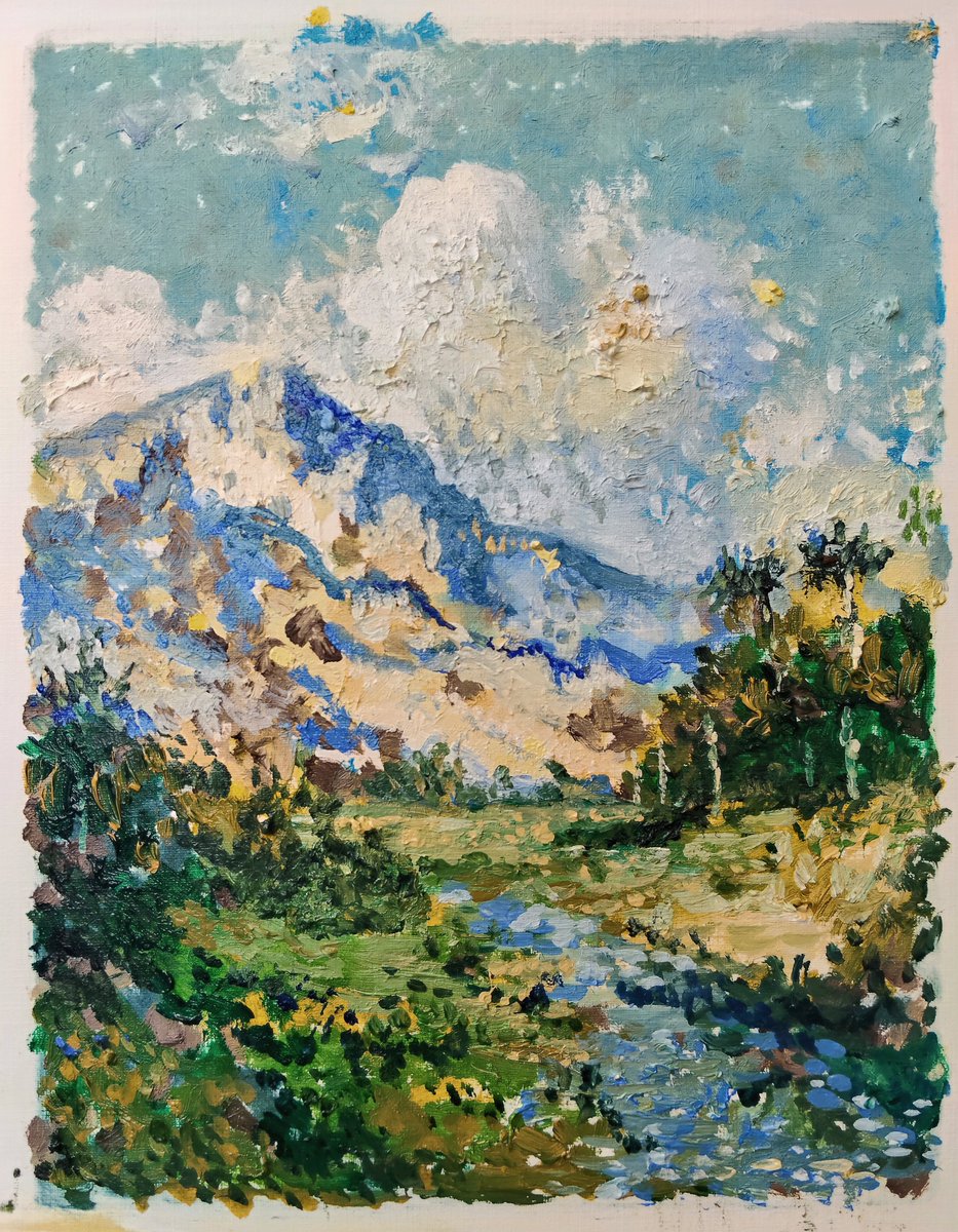 HeliodoroSantos's tweet photo. New painting finished!

Mountain and Palm Trees
1/1
Synthetic landscape generated with AI, painted with a drawing robot. 
Oil / canvas paper 
20 x 15 cm 
Collecting this token, you will receive the physical painting. https://t.co/Gzh1mIojC8