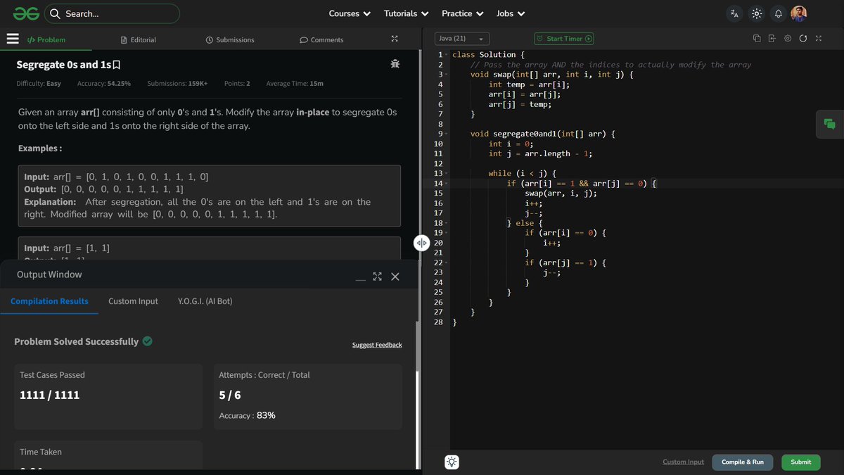 _sankar_01's tweet image. Data Structure And Algorithms 🚀💻
Question:- GFG - Segregate 0s and 1s
Link:- geeksforgeeks.org/problems/segre…
Stay curious and keep coding! 💻✨
#datastructures #algorithms #dsachallenge #coders #dsa #questions #dsaquestions #leetcode #geeksforgeeks #hackerrank #code360 #coding