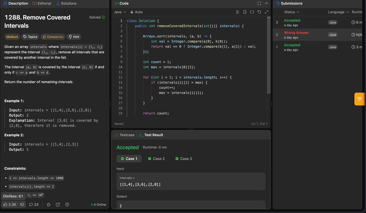 devnarware's tweet image. Day 100 (April 17) 🎯

✅ LC: Remove Covered Intervals
Brute Force
Optimized Approach

✅ SQL:
Completed full SQL tutorial
Did some practice

now searching whats next 
(pls suggest me what to do next 😭)

#leetcode #dsa #SQL #Backend