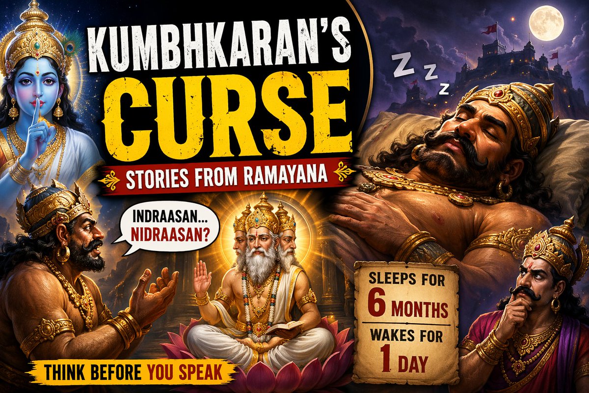 PaulVedant45748's tweet image. Kumbhkaran’s Curse–Stories from the Ramayana #kidslearning #RAMAYAN Dive into the fascinating story of Kumbhkaran from the epic Ramayana. Discover how the mighty giant brother of Ravana was cursed into a deep sleep due to a simple mistake while asking a boon from Brahma.