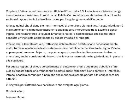 ho scritto una lettera a <a href="/reportrai3/">Report</a> <a href="/SigfridoRanucci/">Sigfrido Ranucci</a> per chiedergli di fare luce su questa situazione.

#lazio #lotito