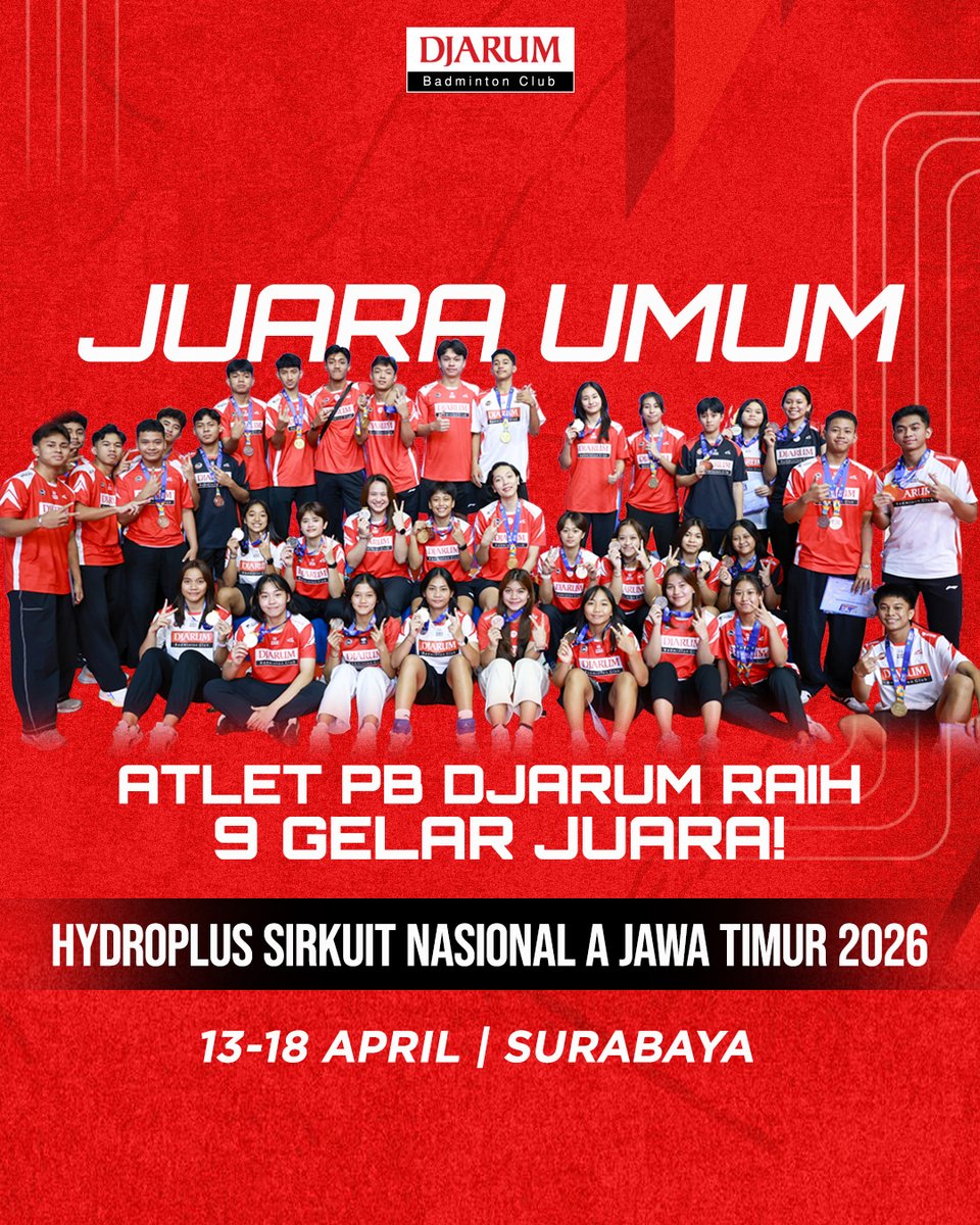PBDjarum's tweet image. JUARA UMUM! Atlet PB Djarum berhasil meraih 9 gelar juara di #SirnasAJatim2026! Selamat buat semuanya! 👏🔥🥇

#tournament #TeruskanSemangatJuara
