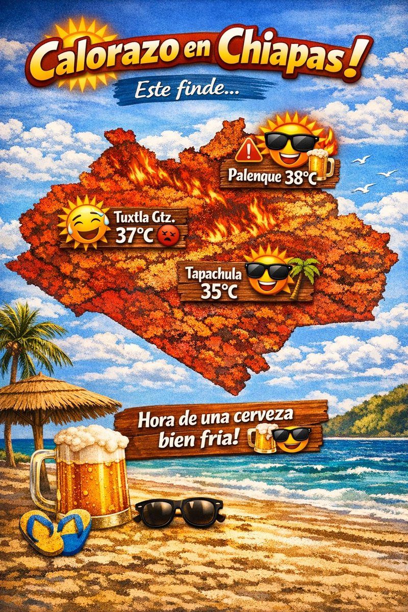 Este fin de Semana  el calor se pone sabroso en #Chiapas: más fuerte en #TuxtlaGutiérrez (37°) que en la #PerlaDelSoconusco #Tapachula (35°). En #Palenque llega a 38°, buen pretexto para una #cerveza #bienfría y disfrutar el sol como se debe