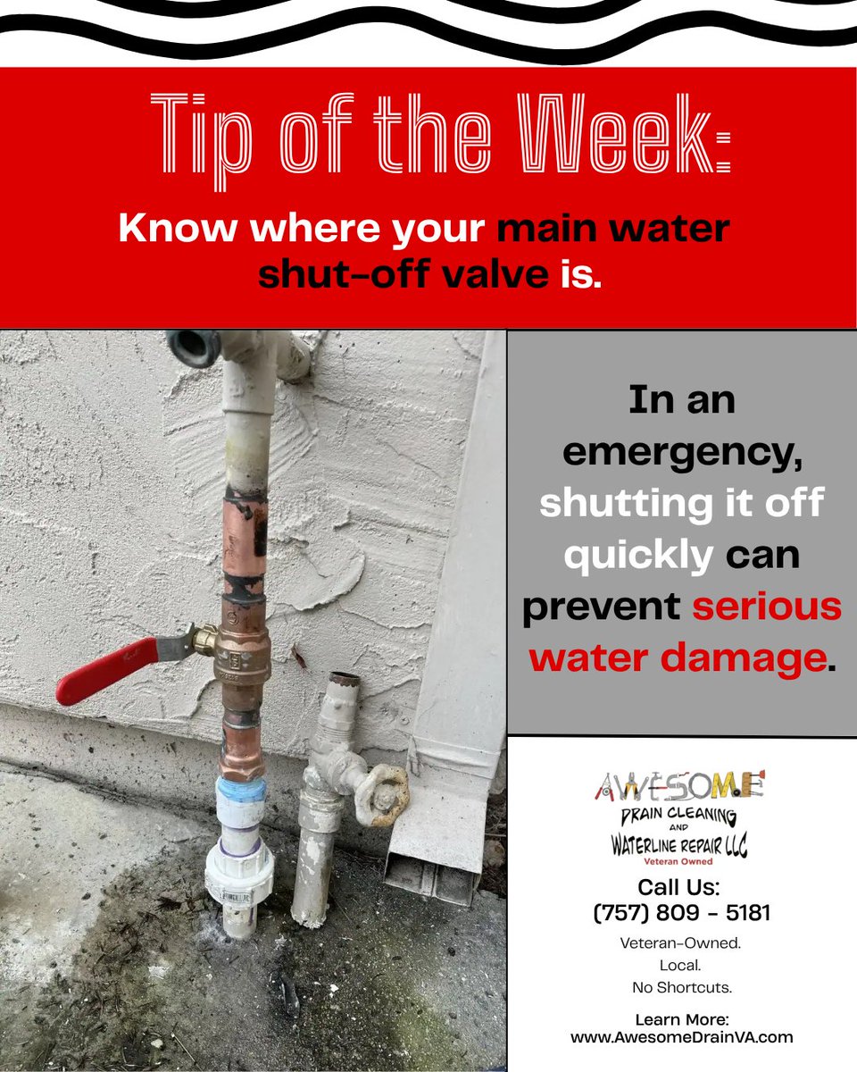 awesom_drain's tweet image. 💧 Tip: Know your water shut-off valve location—basement, crawl space, garage, or outside near the foundation.

Turn it clockwise or perpendicular to the pipe to shut it off.
A quick move can prevent major water damage!

#PlumbingTips #HomeMaintenance #DIY