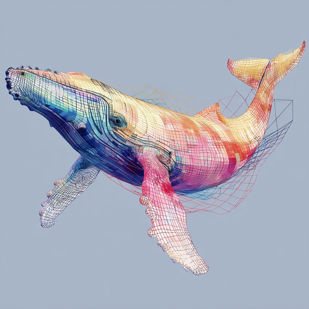 AlwaysAlthough's tweet photo. day 15 of experimenting with midjourney

today i wanted to test “what if” constraints

the  prompt: A whale on a grid made up of water colored squared

the results 👇🏻 https://t.co/jdDXWox4hS