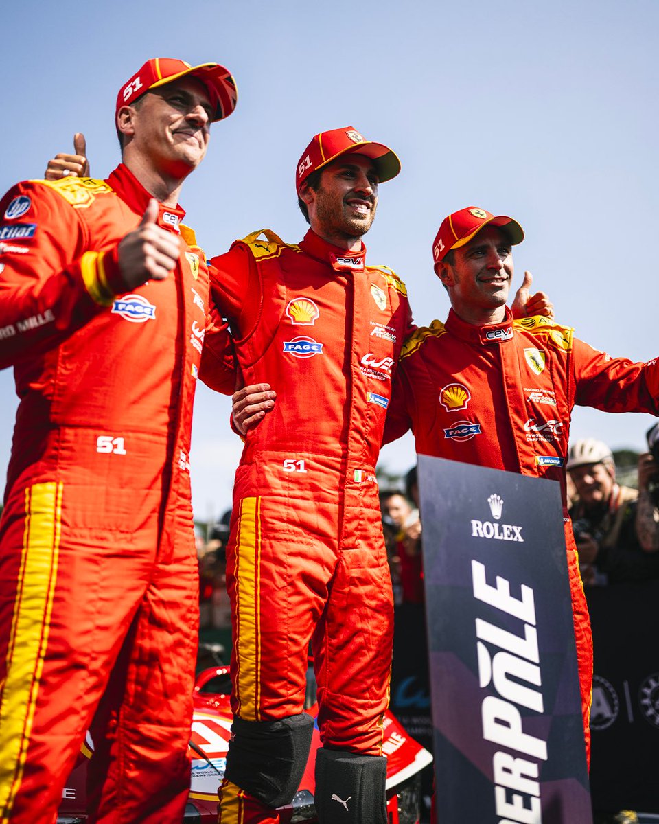 FIAWEC's tweet image. First Hypercar pole celebrations of the season! 🤩
 
Antonio Giovinazzi secures P1 for the #51 crew! 
 
#WEC #6HImola #Ferrari