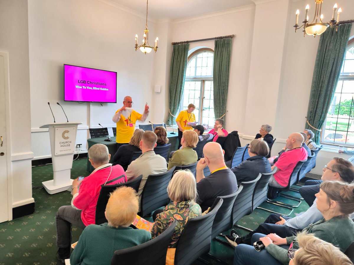 LGBChristians's tweet photo. At Church House where General Synod passed pro-transgender-affirming motions which have now become official policy.
Our presence, here today at the @AllianceLGB Conference, is helping purge the building of its unfortunate association with a mass delusion cult.
#letsgobig https://t.co/w8w8aGn4NW