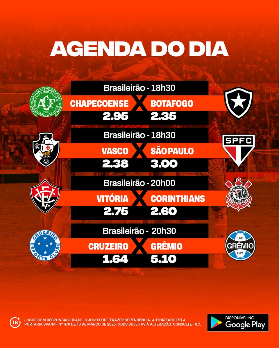 A melhor coisa do fim de semana é poder assistir a rodada do Brasileirão! 🇧🇷

E fica melhor ainda quando você faz aquele palpite 🔥

Vem jogar com a gente: bit.ly/4tVTXxV

🔞 Jogue com responsabilidade!