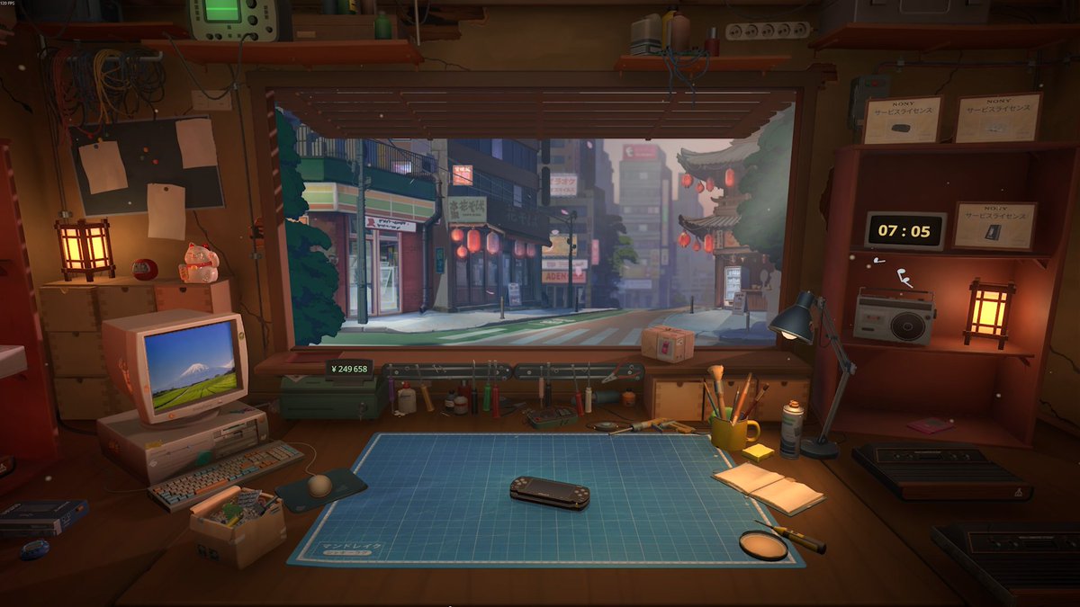 restorygame's tweet image. ✨ the view ✨

Running a small gadget repair shop in 2000s Tokyo is a whole chill vibe 💛

#ScreenshotSaturday #cozygame