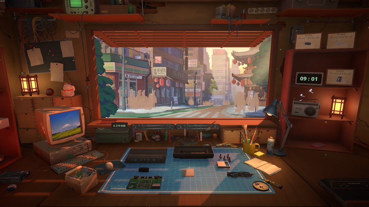 restorygame's tweet image. ✨ the view ✨

Running a small gadget repair shop in 2000s Tokyo is a whole chill vibe 💛

#ScreenshotSaturday #cozygame