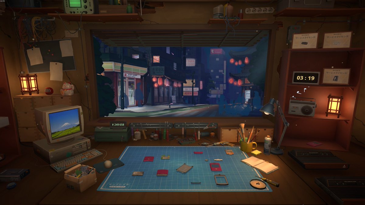restorygame's tweet image. ✨ the view ✨

Running a small gadget repair shop in 2000s Tokyo is a whole chill vibe 💛

#ScreenshotSaturday #cozygame