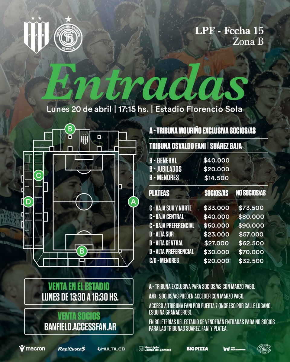 Jugamos en casa 🏟️💚

Ya está disponible la 𝐯𝐞𝐧𝐭𝐚 𝐝𝐞 𝐞𝐧𝐭𝐫𝐚𝐝𝐚𝐬 vs. Ind. Rivadavia y te compartimos toda la información 🎟️

🟢 Plateas para socios/as a través de banfield.accessfan.ar 
⚪️ No socios/as: tinyurl.com/entradas-cab-f…

#EnBanfieldJugamosTodos 🇳🇬