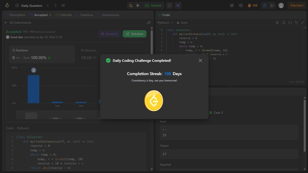 jainsomilx2811's tweet image. Day 108 – DSA
LeetCode 3783: Mirror Distance of an Integer
Reversed the integer using digit extraction and computed absolute difference.
Simple math-based approach with linear complexity.

#DSA #LeetCode #Algorithms #Coding