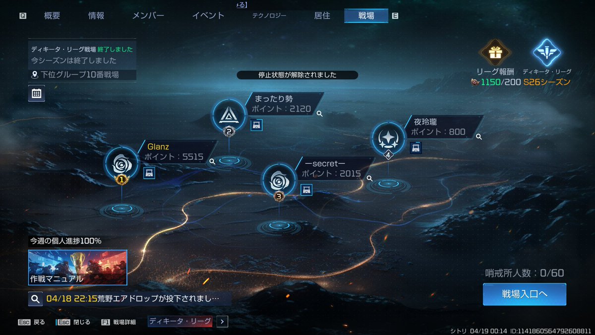 sytry843's tweet image. やっほーいシーズン最終有終の美🥳
勝てるかもしれないところには全力を出し、勝てないところにはさっさと尻尾巻いて逃げる！それがGlanz流😎
シーズン中対面になりましたギルドの皆様、ありがとうございました🙏
ふー今シーズンも終わった…花金がまた遊べるぞ～
#Glanz
#アスリバ