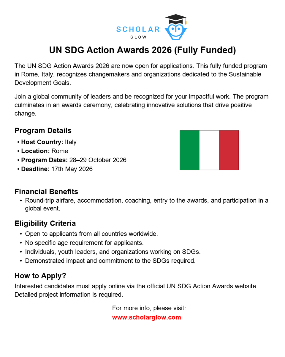 scholarglow's tweet image. 🇮🇹🚀 UN SDG Action Awards 2026

📅 Finalists’ program: 28 October 2026 | Awards Ceremony: 29 October 2026
⏳ Deadline: 17 May 2026

More details:
scholarglow.com/un-sdg-action-…

#SDGAwards #Sustainability #Changemakers #GlobalRecognition #FullyFunded