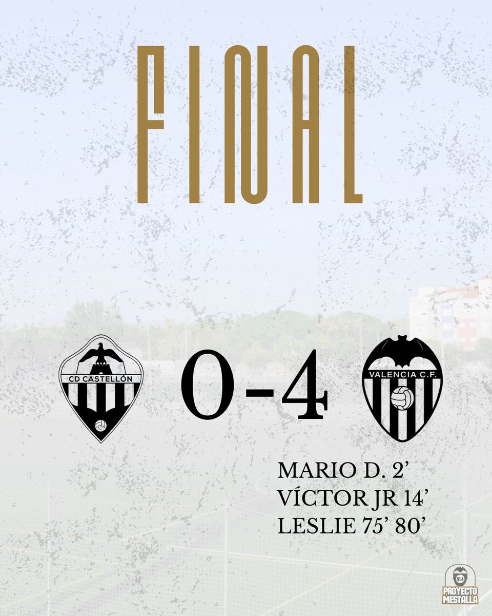 ✅ Victoria contundente del #VCFMestalla en Castellón.

👏 El filial hizo un partido redondo, con un inicio vertiginoso, una gestión de la ventaja perfecta y matando el partido para dejar sin opciones a los locales.

🔜 Lo próximo: Espanyol B en el Puchades.