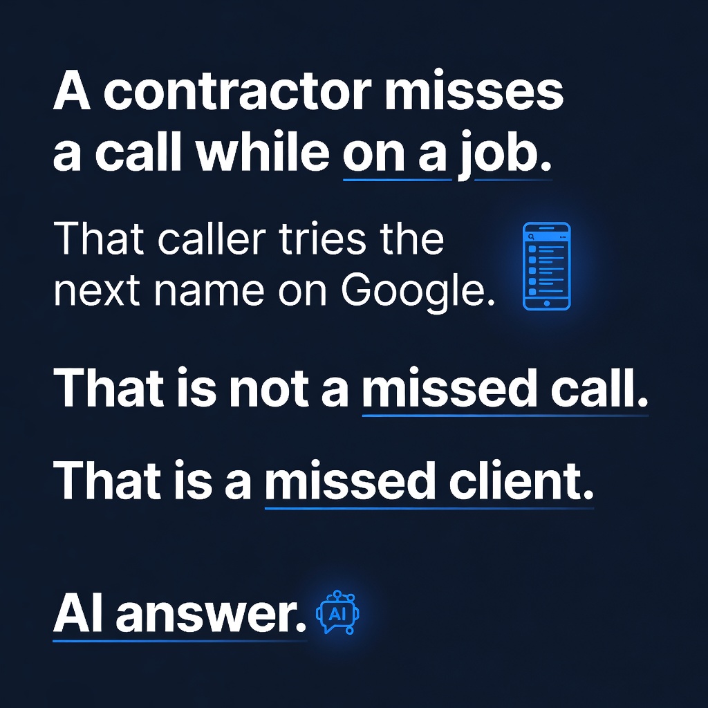 Introgr8's tweet photo. A contractor misses a call while on a job.

That caller tries the next name on Google.

That is not a missed call. That is a missed client.

AI answers, qualifies, and books while you work.

https://t.co/p3HfjC8LeN

#Portland #SmallBusiness #AIIntegration #Introgr8 #SmallBiz https://t.co/wHXYHZHOiA