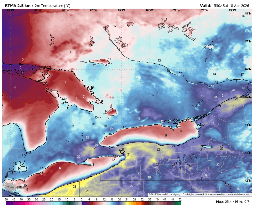 WxOntario1's tweet image. Here comes the cold front 🥶

Temps are peaking across SW #Ontario (upper teens/ near 20C)

Thin line of showers ahead of the front have developed, might see some embedded thunderstorms as well

Colder air makes its way from NW to SE through the afternoon/ evening

#OnWX #ONStorm