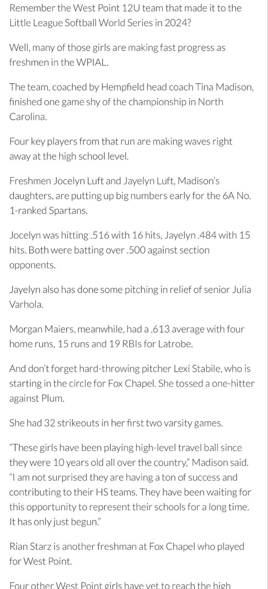 LexiStabile29's tweet image. Nice article @TribLiveHSSN. Thanks for the mention!! 

#WPIALsoftball
#Classof2029 #Freshman
@fcfoxessoftball @TOP_D1RECRUITS @TopPreps @SoftballDown @SBRRetweets @BillBeckner @TribSports