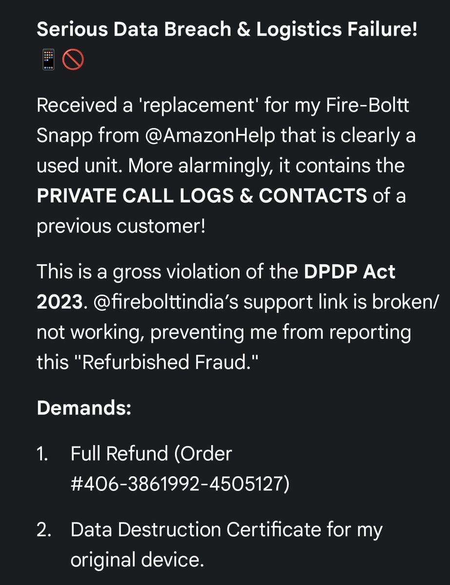 Xuser67992's tweet image. @fireboltt__
@Fireboltt_ltd 
@BolttSupport
@AmazonHelp
@jagograhakjago 

#DataPrivacy #AmazonIndia #FireBolttBreach #ConsumerRights