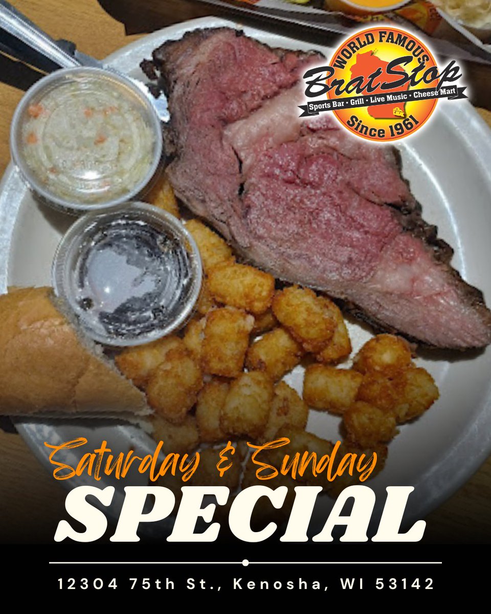 TheBratStop's tweet image. Weekends are made for great meals. 🥩
Enjoy Prime Cuts Saturday &amp;amp; Sunday starting at 1PM—hand-carved prime rib, prepared your way, served with your choice of potato, coleslaw, bread roll &amp;amp; horseradish.
#WeekendDining #PrimeCuts #SteakNight #BratStop #KenoshaEats
