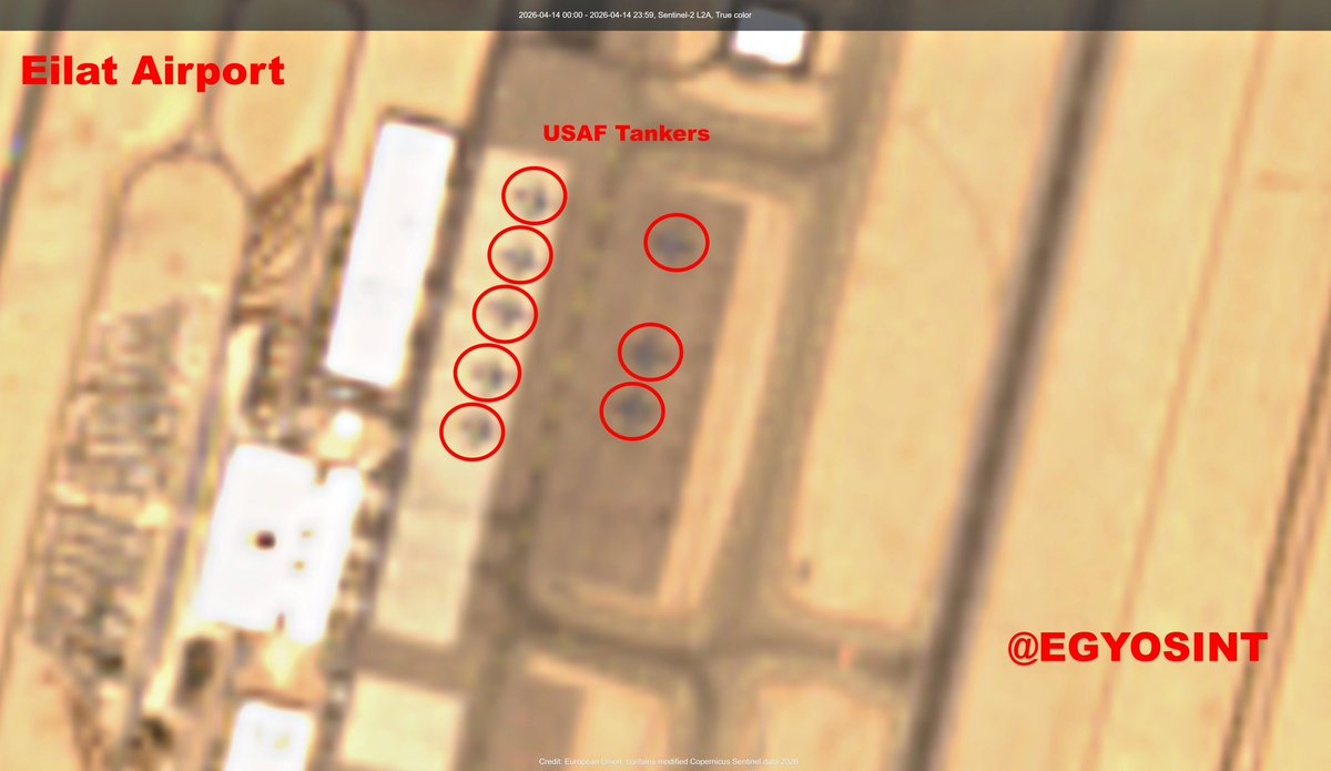 EGYOSINT's tweet image. Eight U.S. Air Force KC-135R Stratotankers and KC-46A Pegasus aerial refueling aircraft have been deployed to Eilat Airport in southern Israel.

The tankers were repositioned from Ben Gurion Airport in central Israel.