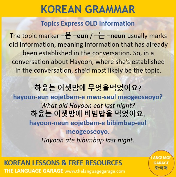 GarageKorean's tweet image. #Korean topics (은 –eun/ –는 –neun) express old  information. In a conversation about Hayoon, she’s known, so she’s a topic. 하윤는 어젯밤에 무엇을먹었어요? hayoon-eun eojetbam-e mwo-seul meogeoseoyo? What did Hayoon eat last night? #KoreanGrammar . thelanguagegarage.com/korean-topic-a…