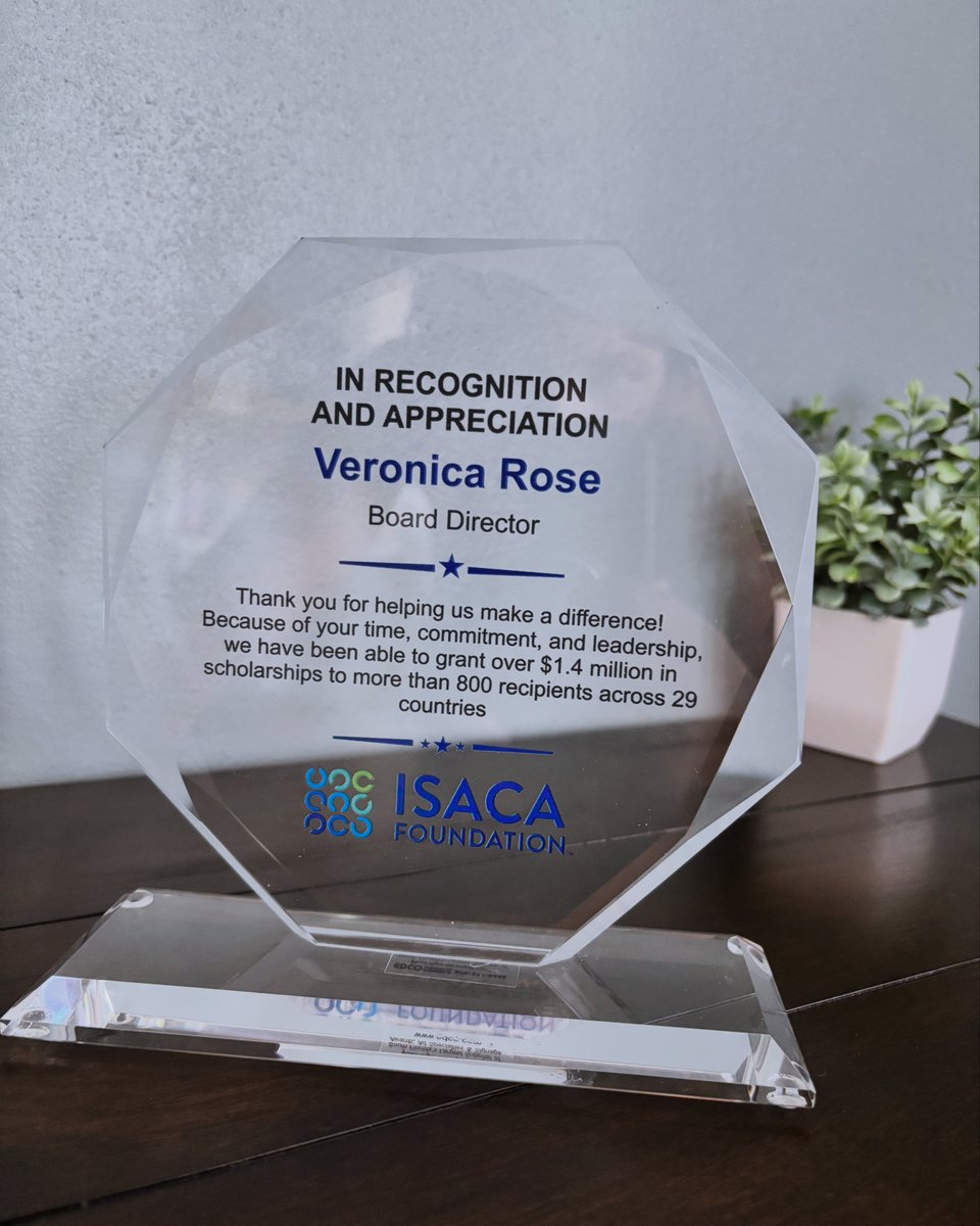 veronrose4's tweet image. Honored. Grateful. Inspired!

What seemed like an ordinary UPS delivery today turned into an unforgettable moment when I discovered my #award from the ISACA Foundation inside.

I am deeply humbled to be recognized by the ISACA Foundation for my service as a Board Director.