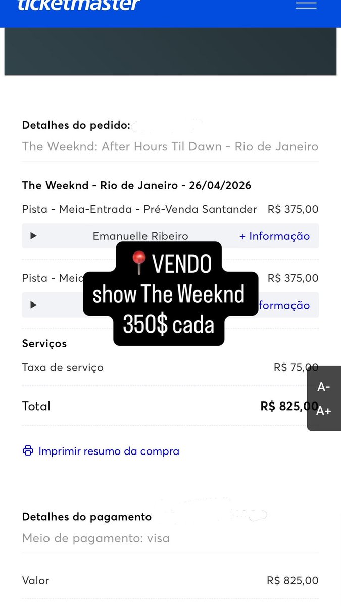 🚨 VENDO show The Weeknd After Hours Til Dawn
📍 Rio de Janeiro RJ Engenhão
🗓️ 26/04
2 ingressos meia pista 
350$ cada