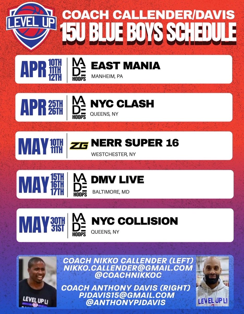Austinirizarry_'s tweet photo. 15U Spring Schedule with @levelup_li @CoachNikkoC and Coach Anthony Davis

Catch us at @madehoops @zg_tristate @TheHoopGroup 

@KEDtraining 
@CoachJWinter 
@RecruitTheBronx 
@TweetsbyCoachP 
@zachsmart
@_BrianReichert 
@KevinMoses38 
@hoopdreamsbball https://t.co/TAgjcqVDyd